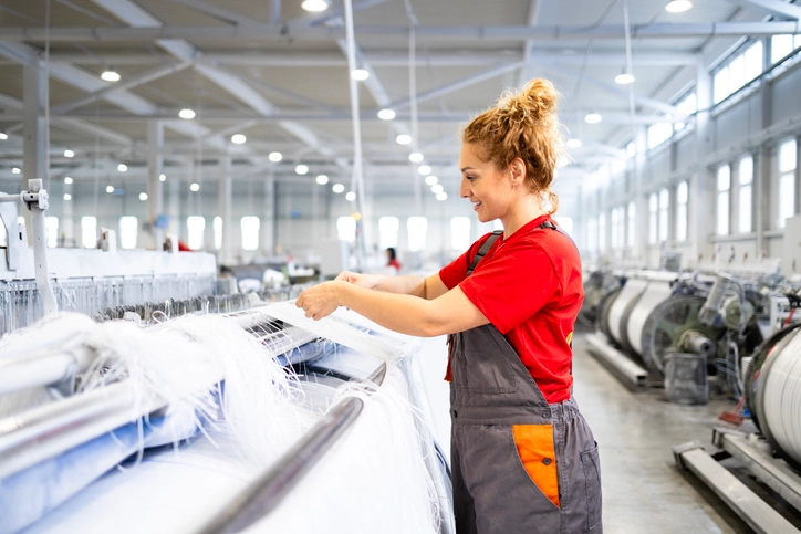 Hardworking female employee working on industrial sewing machine producing carpets