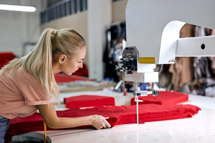 Woman sewing with professional machine at workshop, clothing manufacturing factory