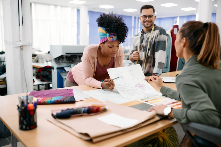 Young fashion designers analyzing sketches of their new clothing line in a studio