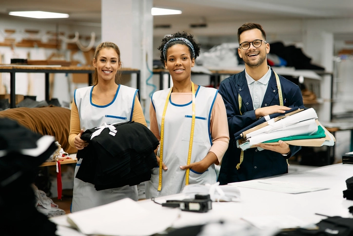 Young happy tailors working in clothing design studio and looking at camera