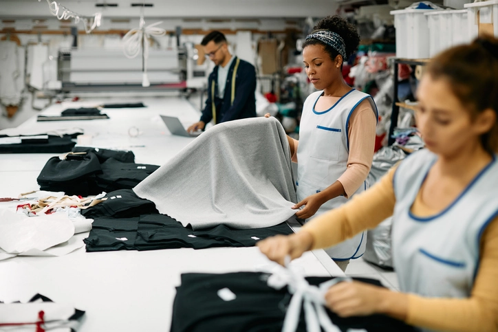 textile factory employee working with fabric at production line